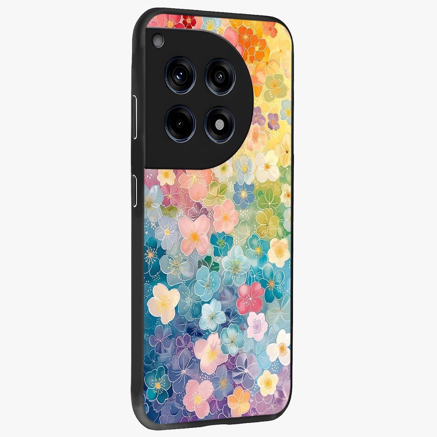 Multiple Background With Flower Glass Case for 1+12R side perspective highlighting rich floral textures and premium edges
