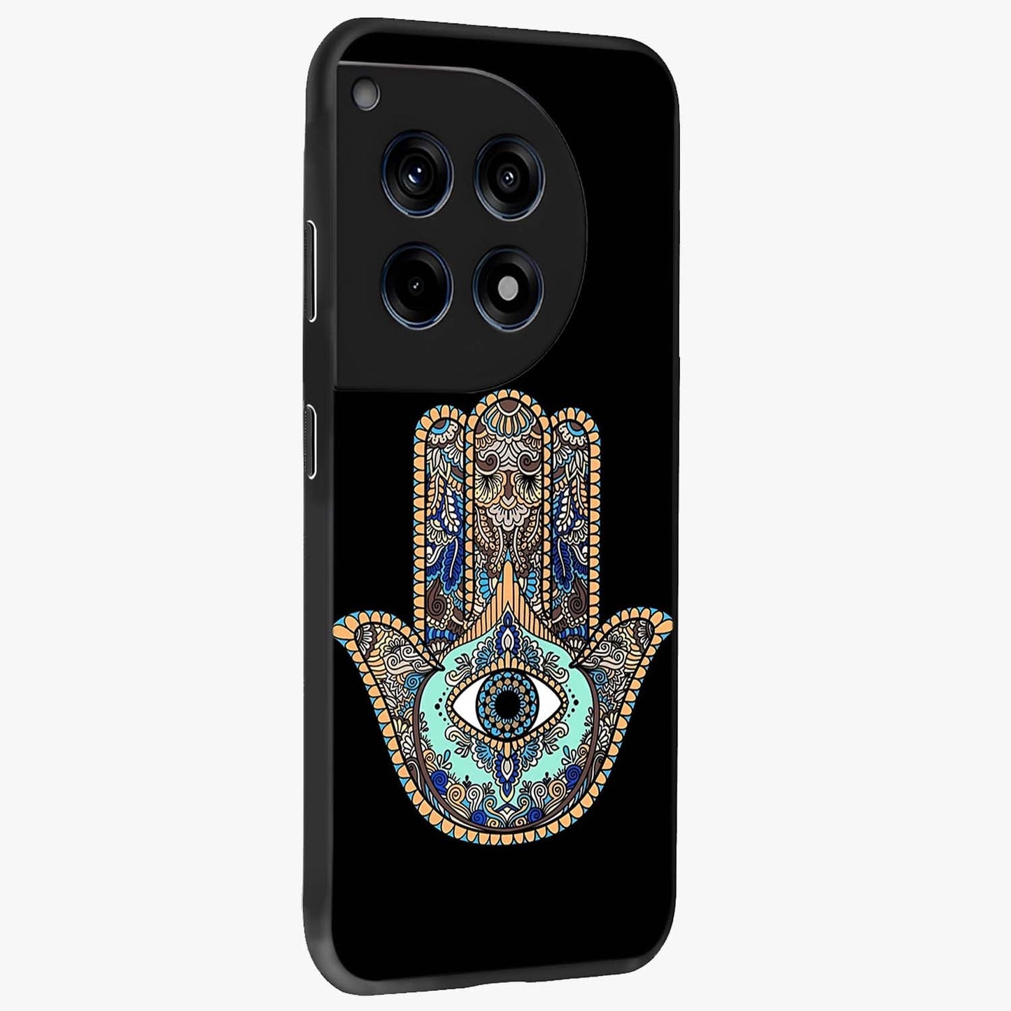 Mystic Hamsa Eye Glass Case for 1+12R side perspective highlighting ornate textures and premium edges