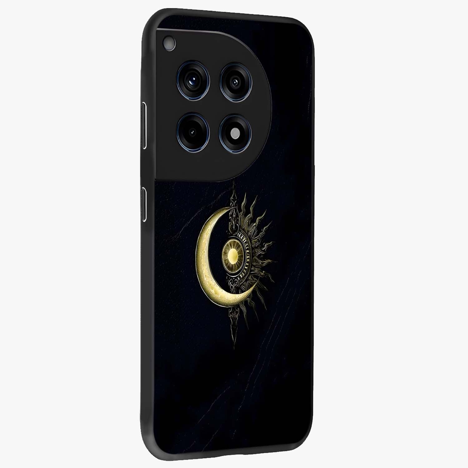 Mystic Lunar Flame Glass Case for 1+12R side perspective highlighting intense flame textures and premium build
