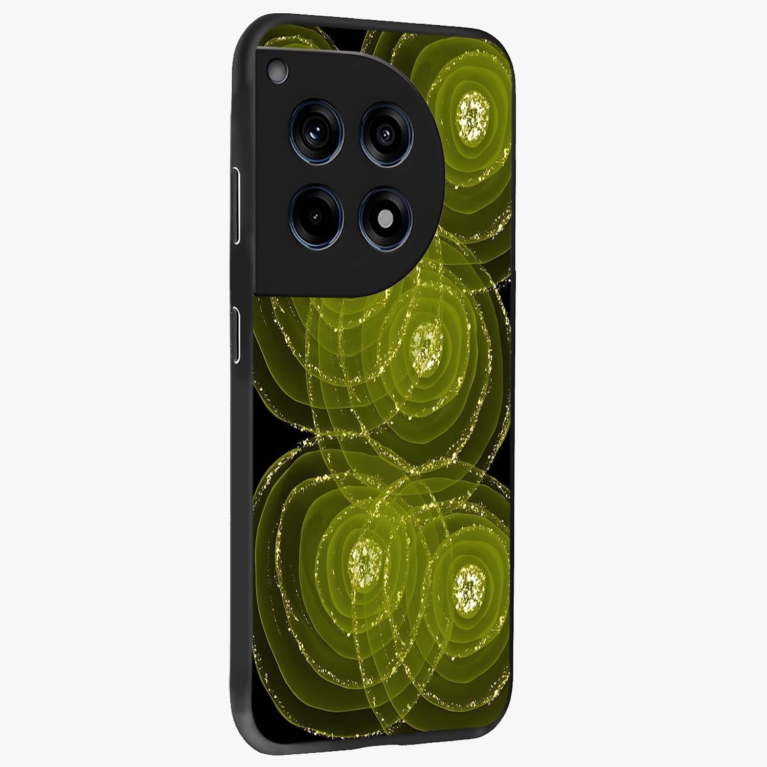 Neon Orbit Bloom Marble Glass Case for 1+12R side perspective highlighting luminous textures and premium edges