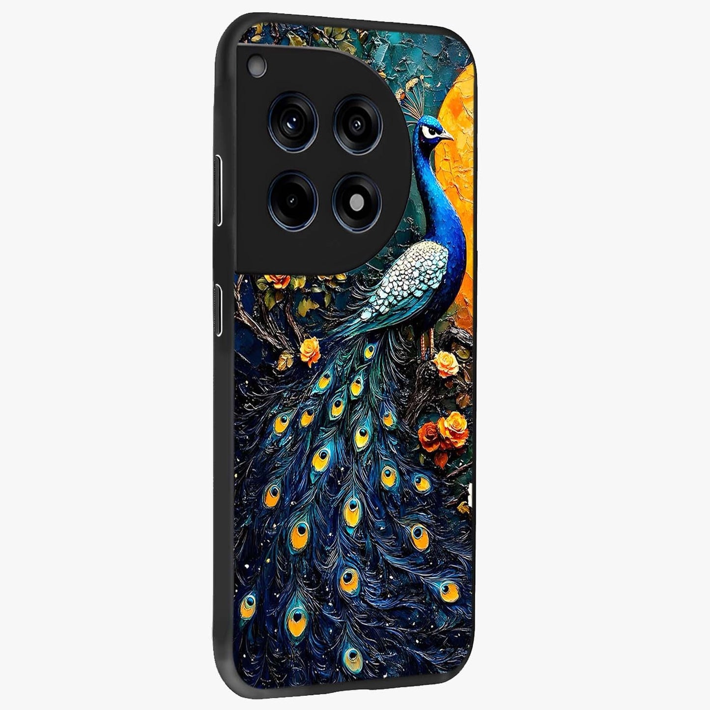 Peacock With Yellow Moon Glass Case for 1+12R side perspective highlighting vibrant plumage detailing and premium edges