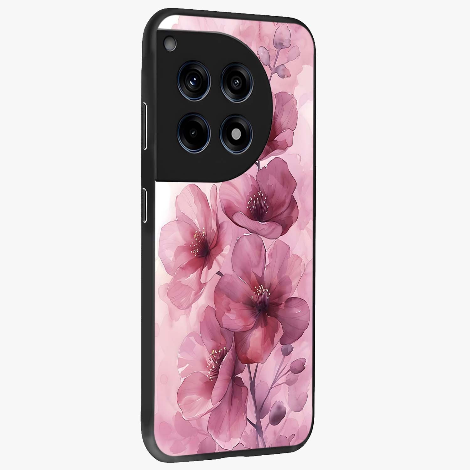 Pink Floral Glass Case for 1+12R side perspective highlighting subtle floral textures and premium edges