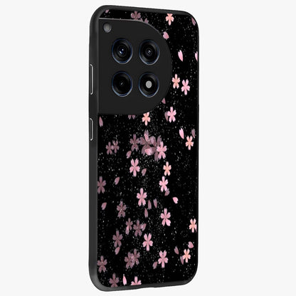 Pink Flower Black Background Glass Case for 1+12R side perspective highlighting vivid bloom textures and sleek build