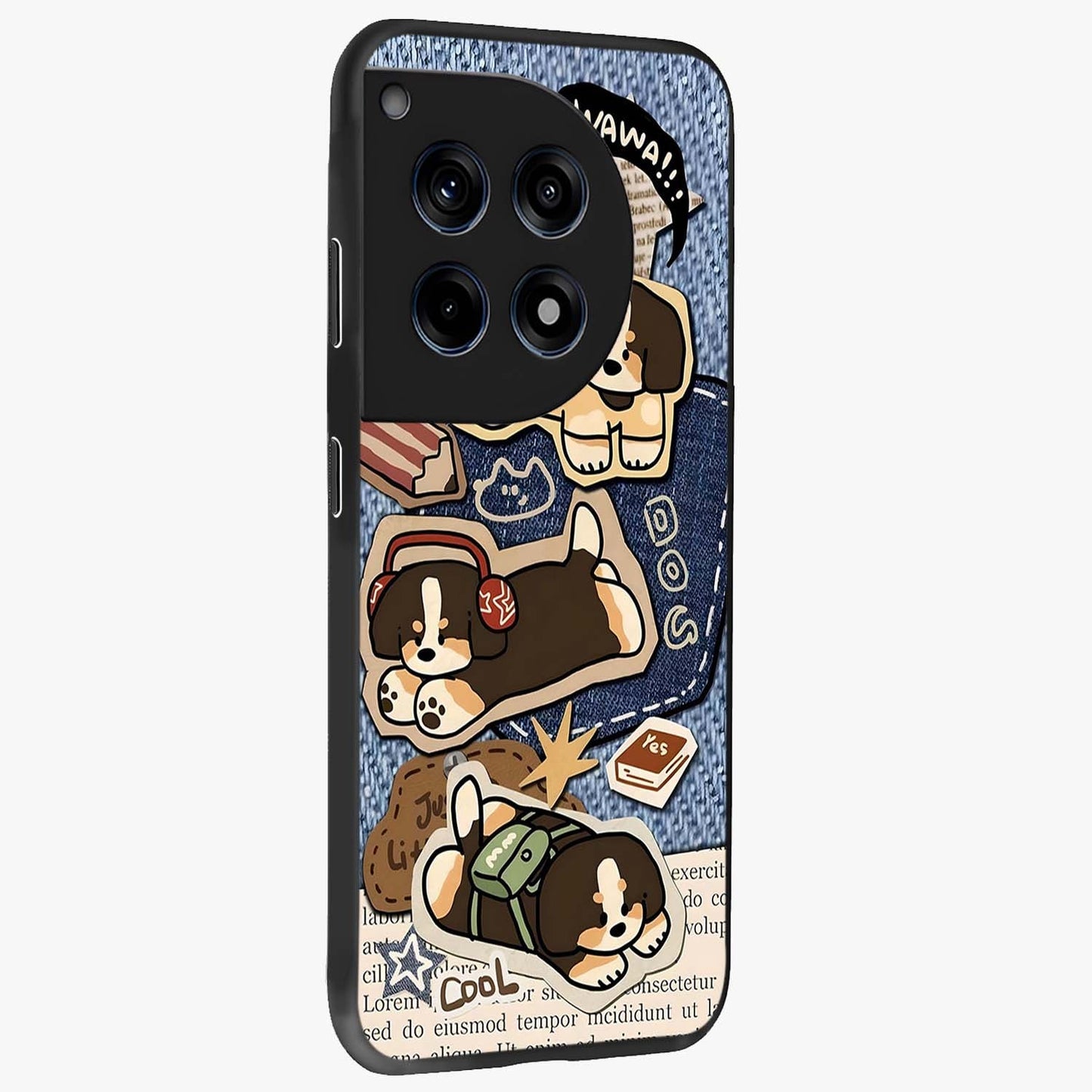 Puppy Sticker Parade Glass Case for 1+12R side perspective highlighting fun sticker textures and premium edges