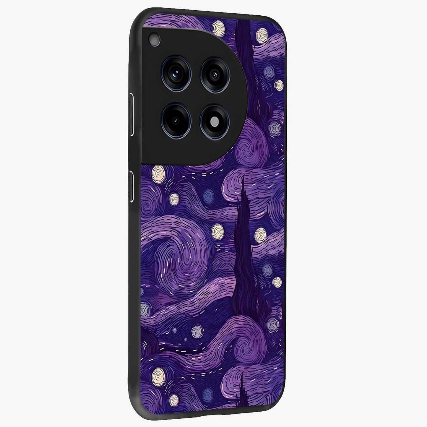 Purple Swirls Glass Case for 1+12R side perspective highlighting fluid textures and sleek premium build