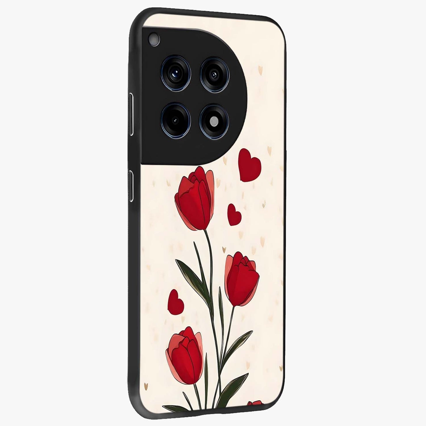 Romantic Tulip Hearts Glass Case for 1+12R side perspective highlighting delicate bloom textures and premium edges