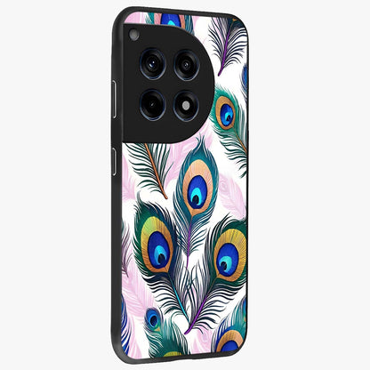 Royal Peacock Feathers Glass Case for 1+12R side perspective highlighting intricate plume textures and sleek premium build