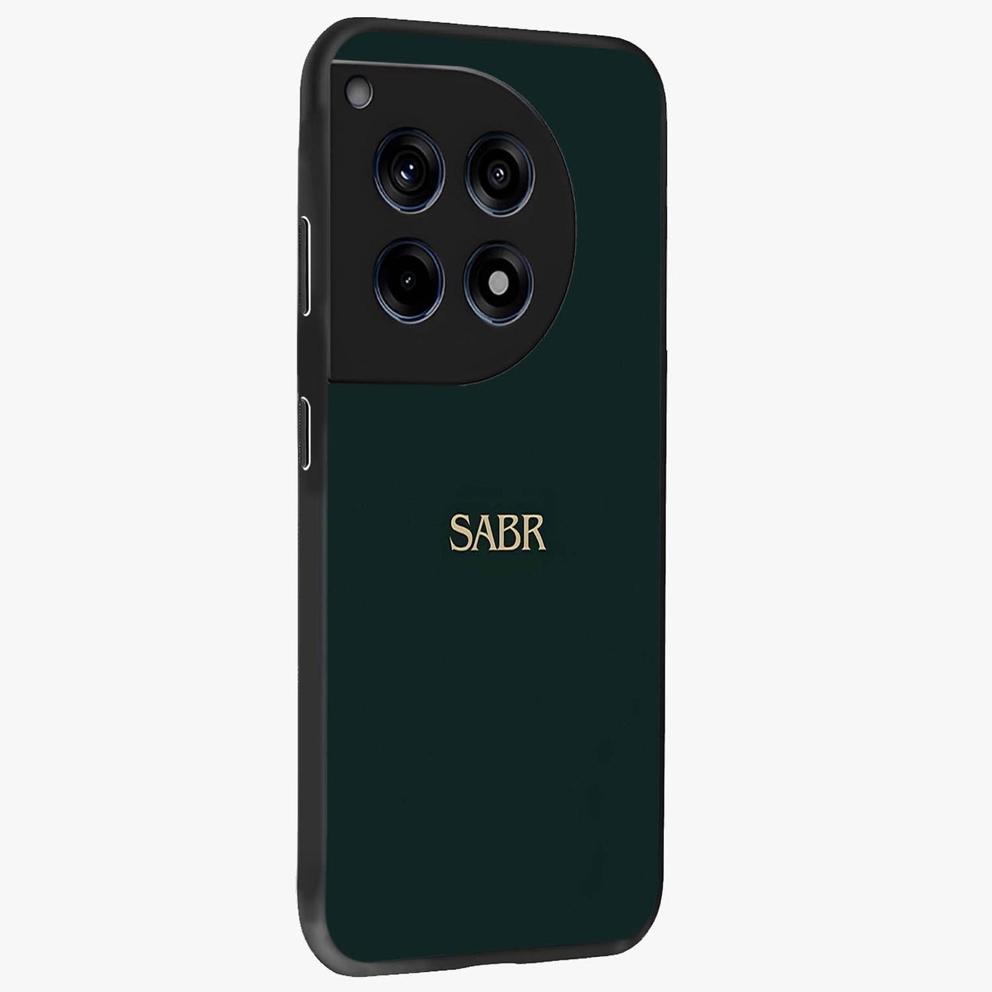 Sabr Minimal Patience Glass Case for 1+12R side perspective highlighting elegant text detailing and sleek build