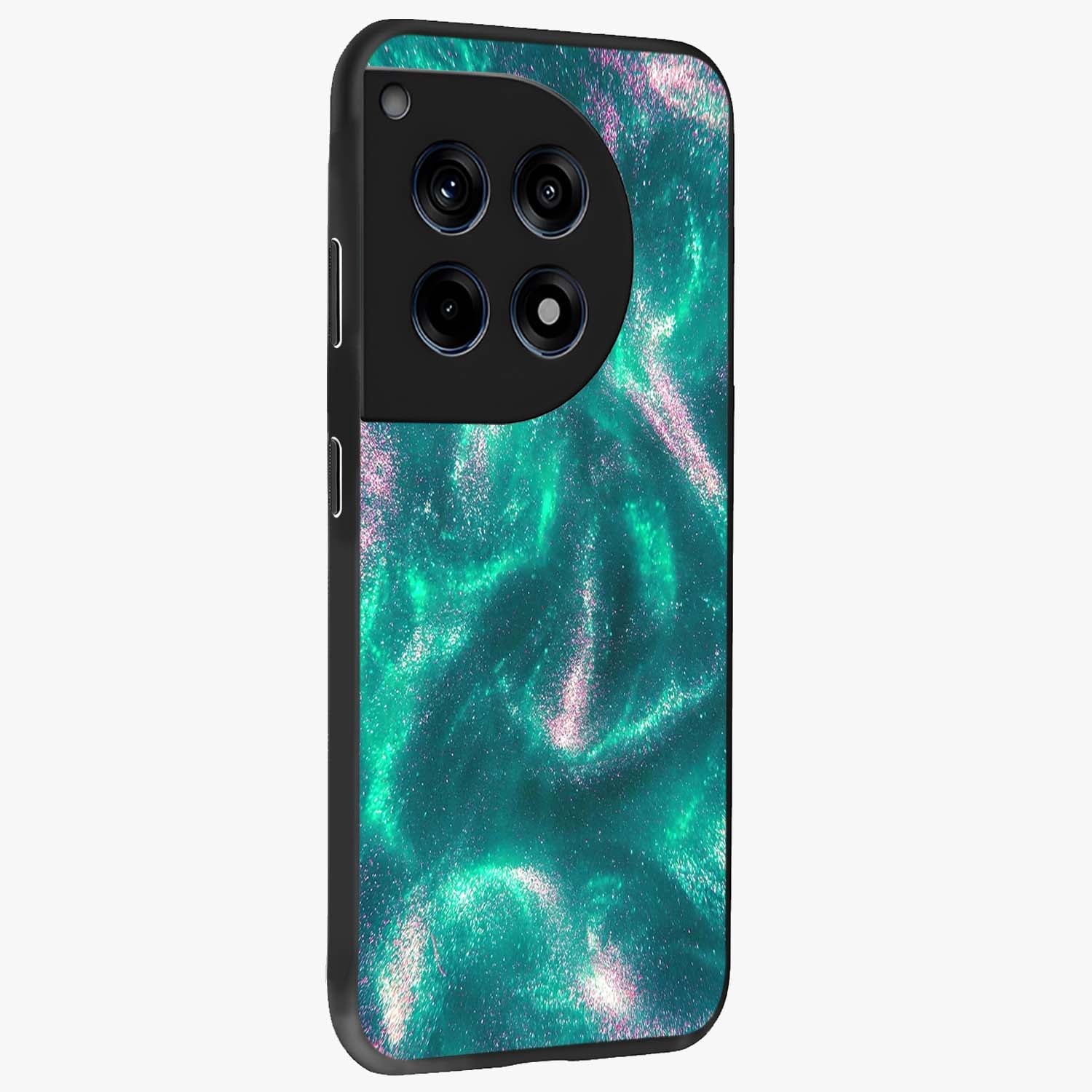 Shimmering Nebula Waves Glass Case for 1+12R side perspective highlighting luminous textures and smooth build
