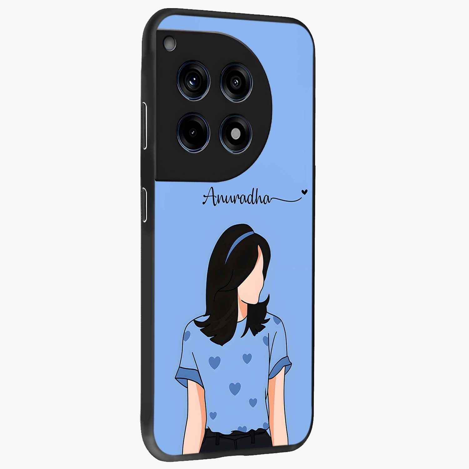 Soft Hearts Girl Glass Case for 1+12R side perspective highlighting delicate illustration textures and smooth build