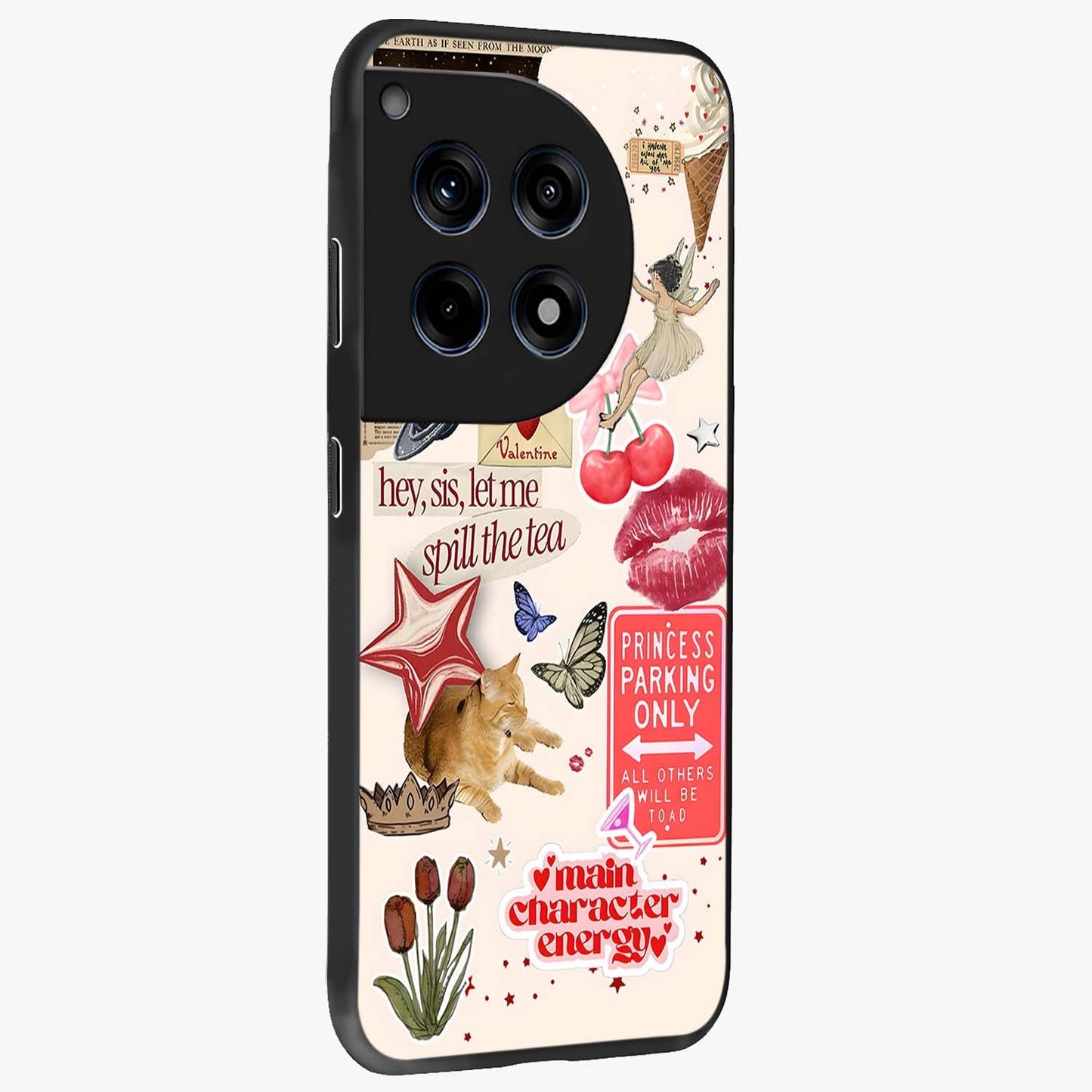Spill the Tea Retro Collage Glass Case for 1+12R side perspective highlighting layered textures and sleek build