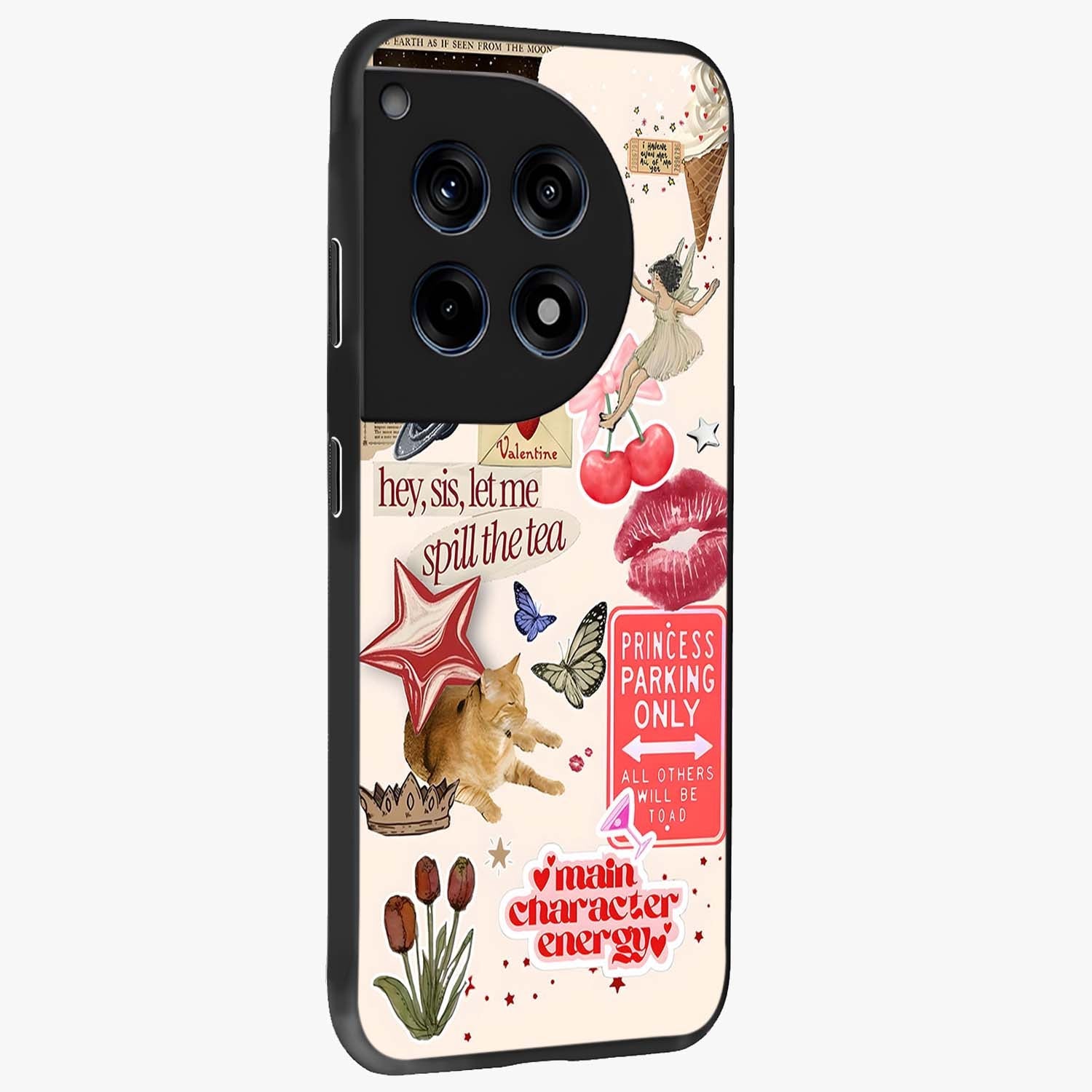 Spill the Tea Retro Collage Glass Case for 1+12R side perspective highlighting layered textures and sleek build