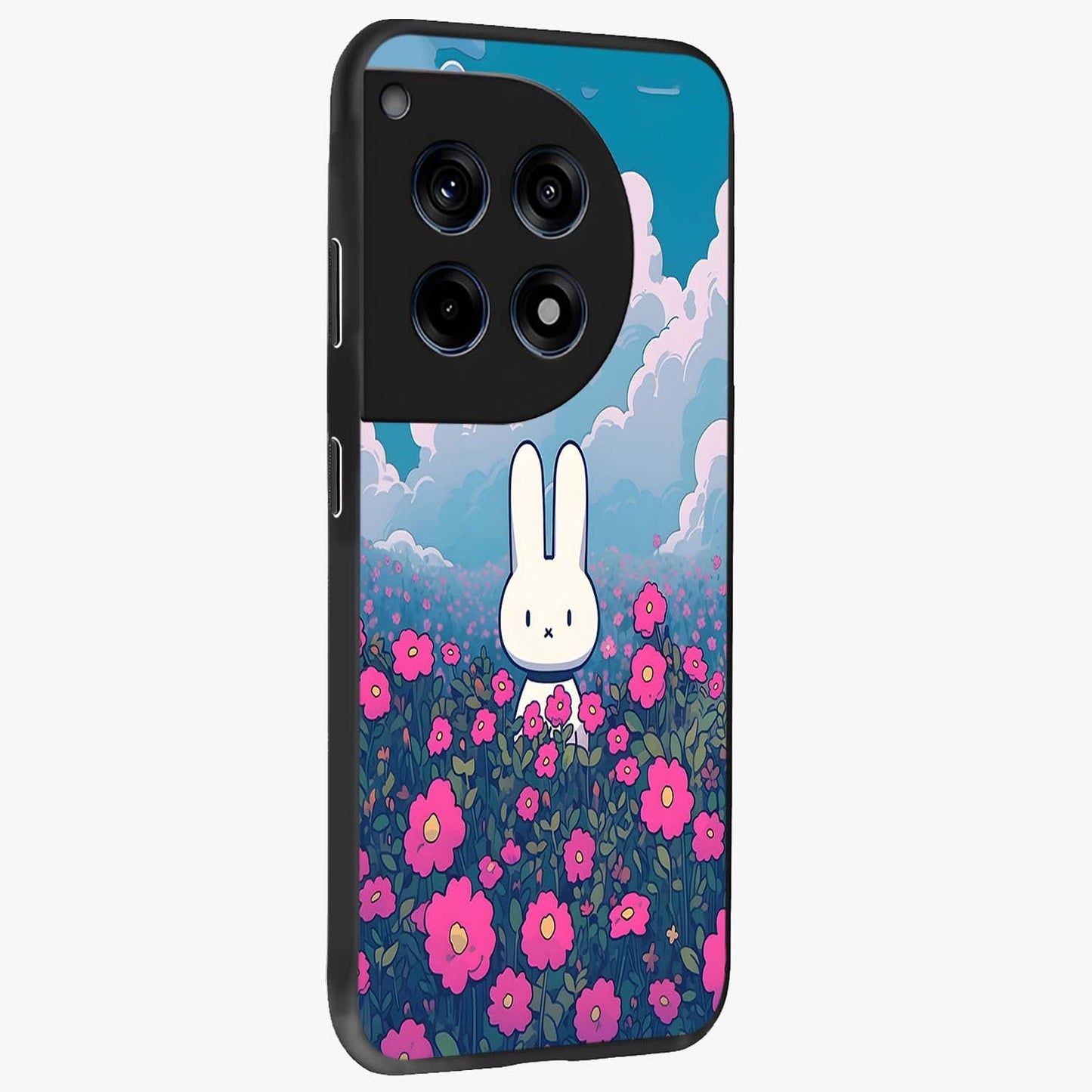 Springtime Blossom Bunny Glass Case for 1+12R side perspective highlighting charming illustration textures and premium edges
