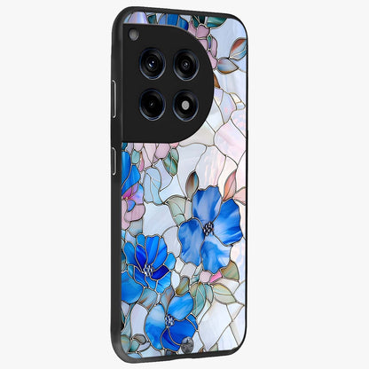 Stained Blue Floral Glass Case for 1+12R side perspective highlighting intricate bloom textures and premium edges