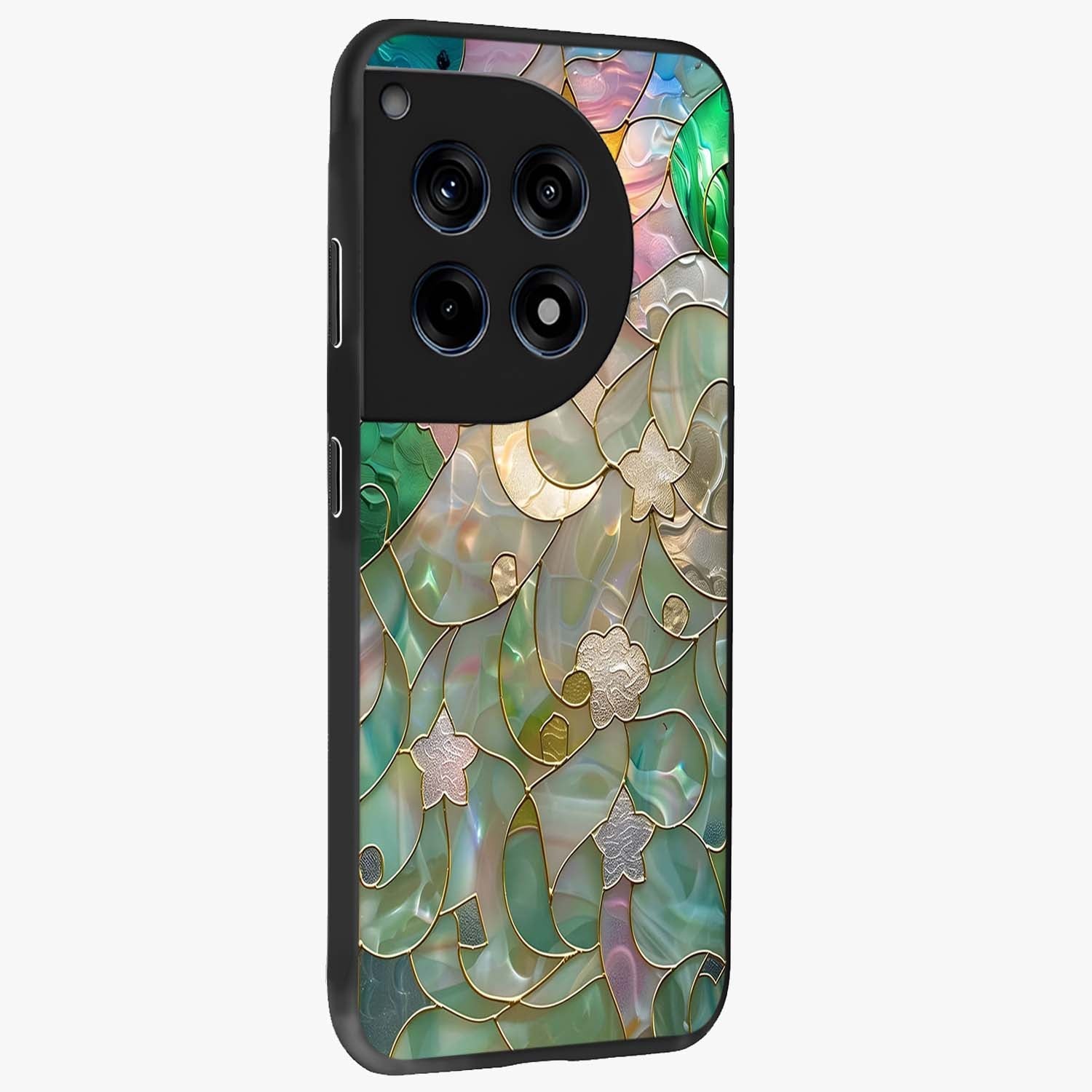 Stained Sunrise Glow Glass Case for 1+12R side perspective highlighting luminous textures and sleek premium build