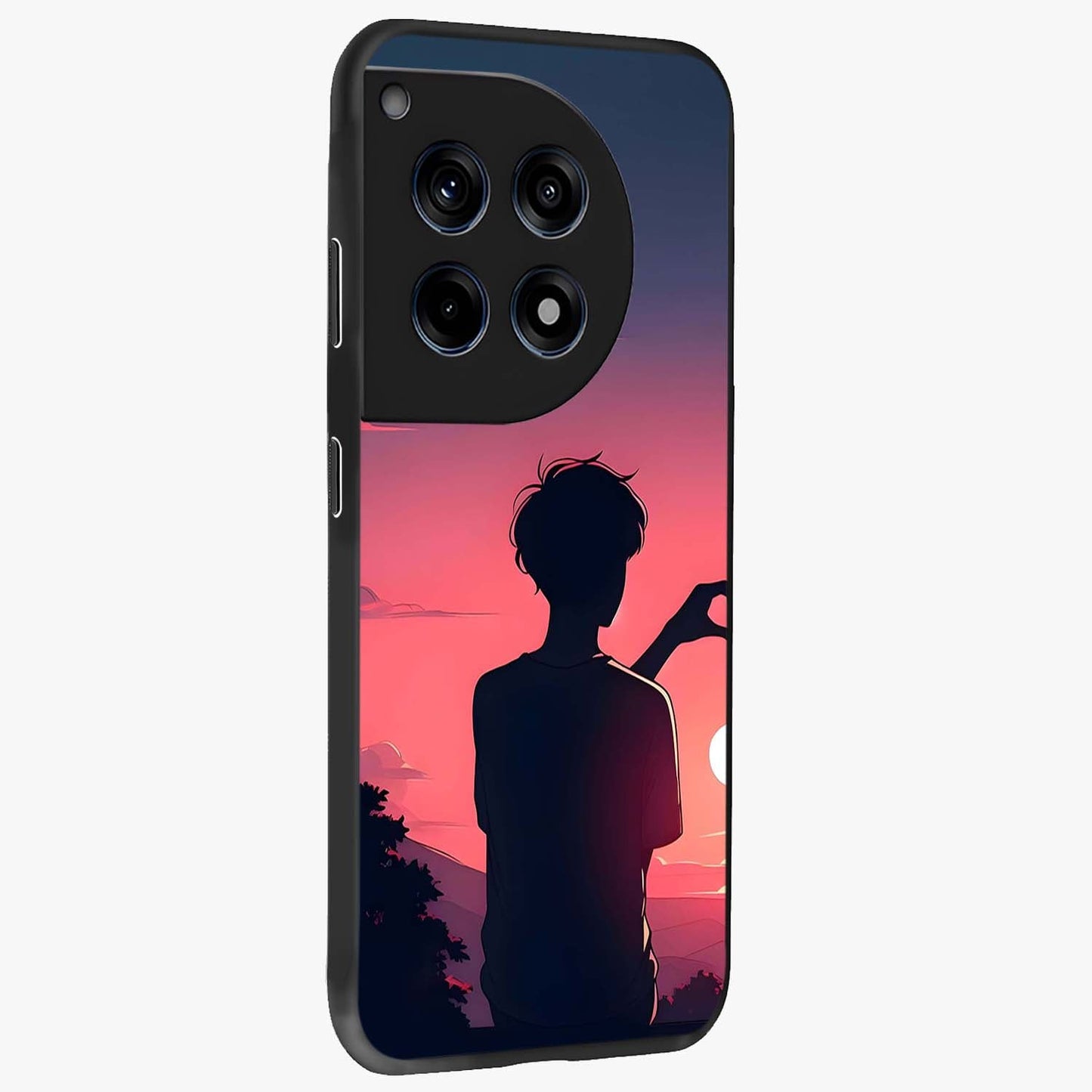 Sunset Silhouette Girl Glass Case for 1+12R side perspective highlighting soft scenic textures and sleek premium build