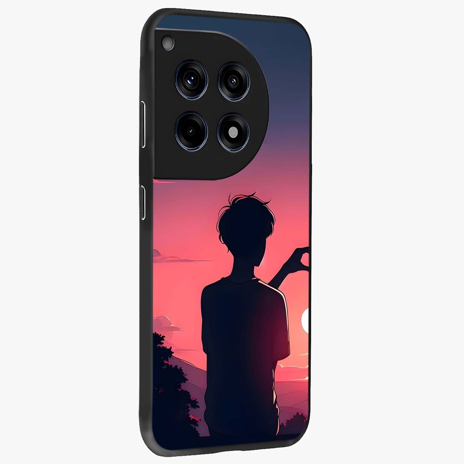 Sunset Silhouette Girl Glass Case for 1+12R side perspective highlighting soft scenic textures and sleek premium build