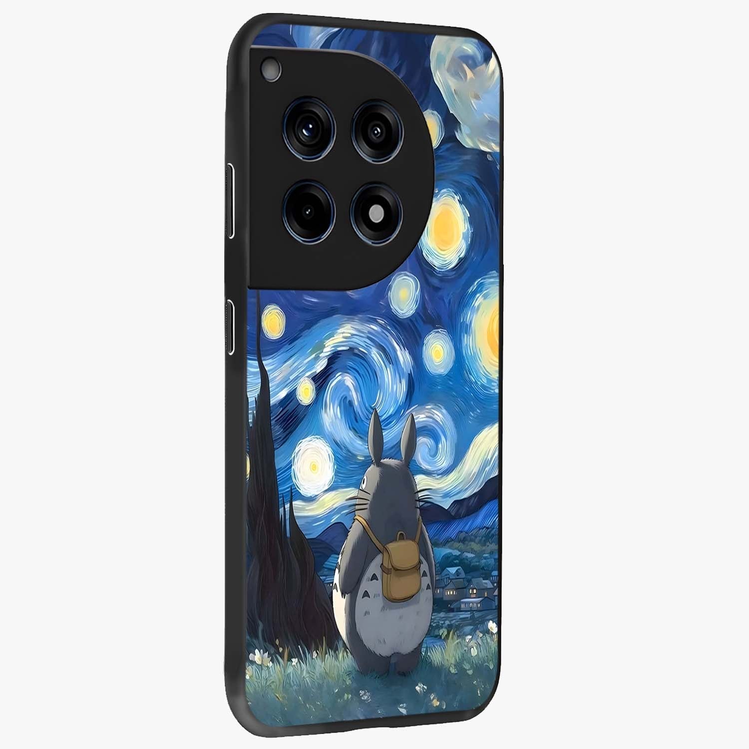 Totoro in Van Gogh Art Glass Case for 1+12R side perspective highlighting textured artistic patterns and premium edges