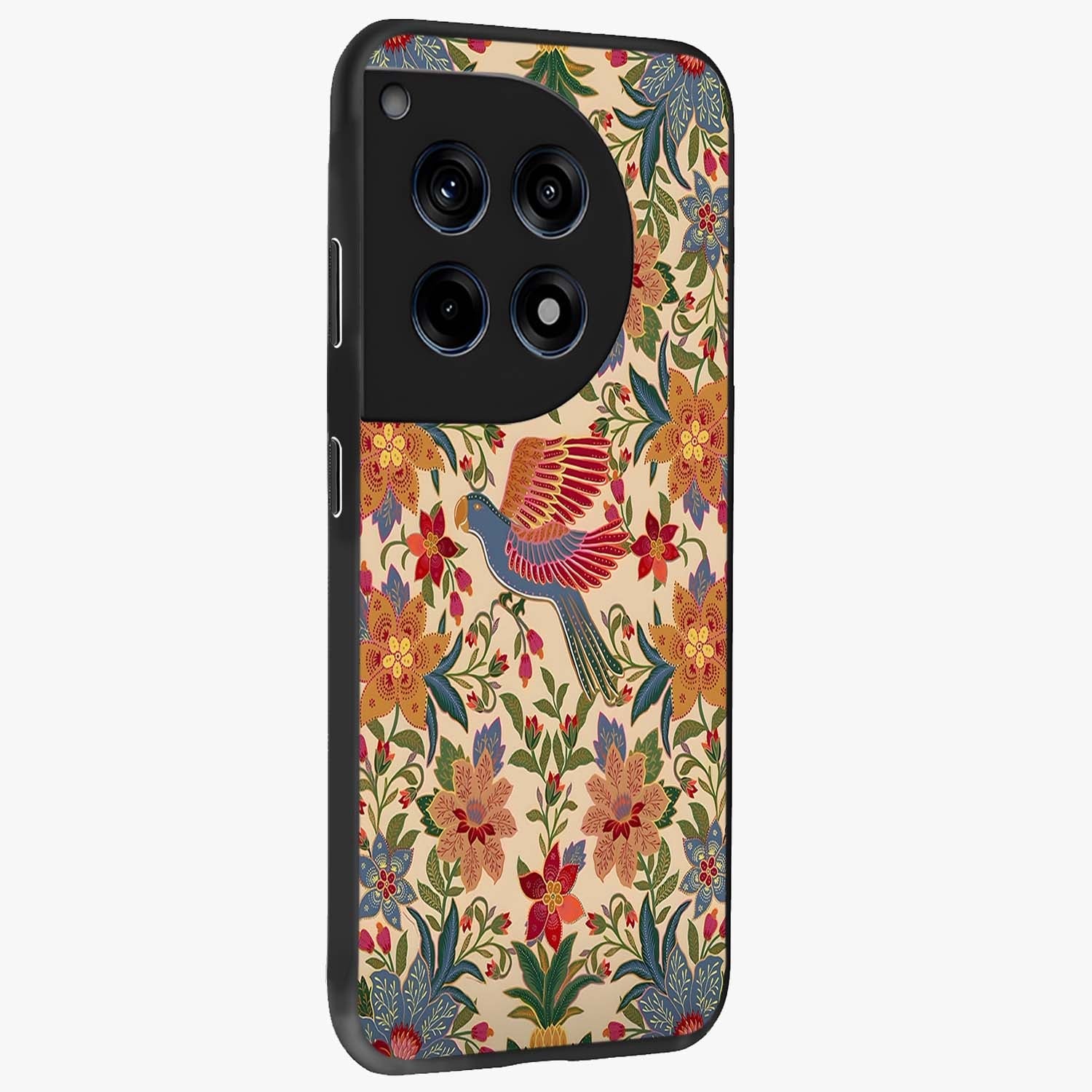 Tropical Folk Art Bird Glass Case for 1+12R side perspective highlighting detailed feather textures and premium edges