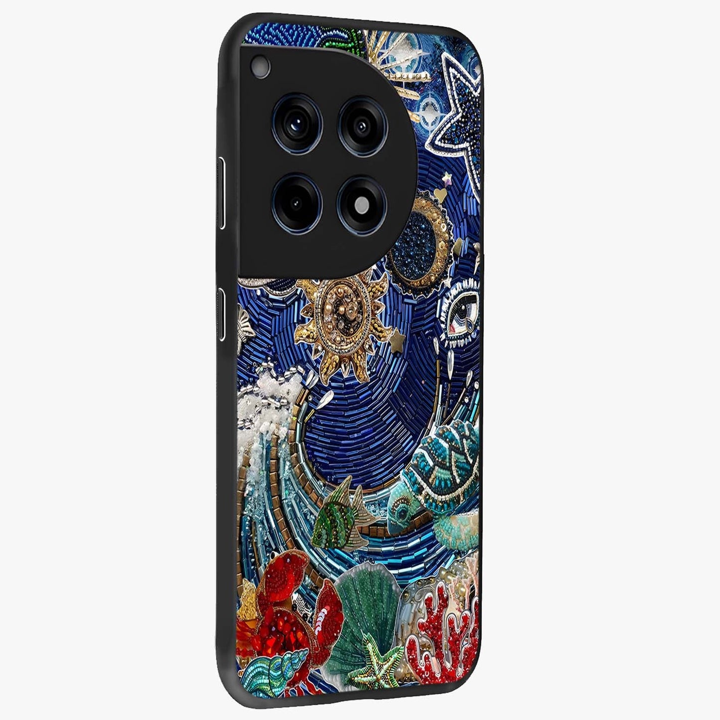 Universe Underwater Spark Glass Case for 1+12R side perspective highlighting luminous textures and smooth build