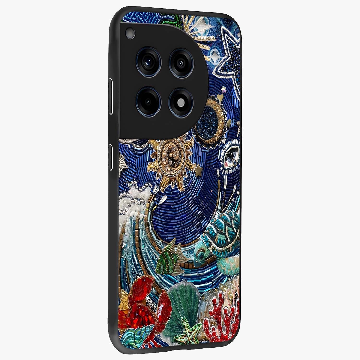 Universe Underwater Spark Glass Case for 1+12R side perspective highlighting luminous textures and smooth build