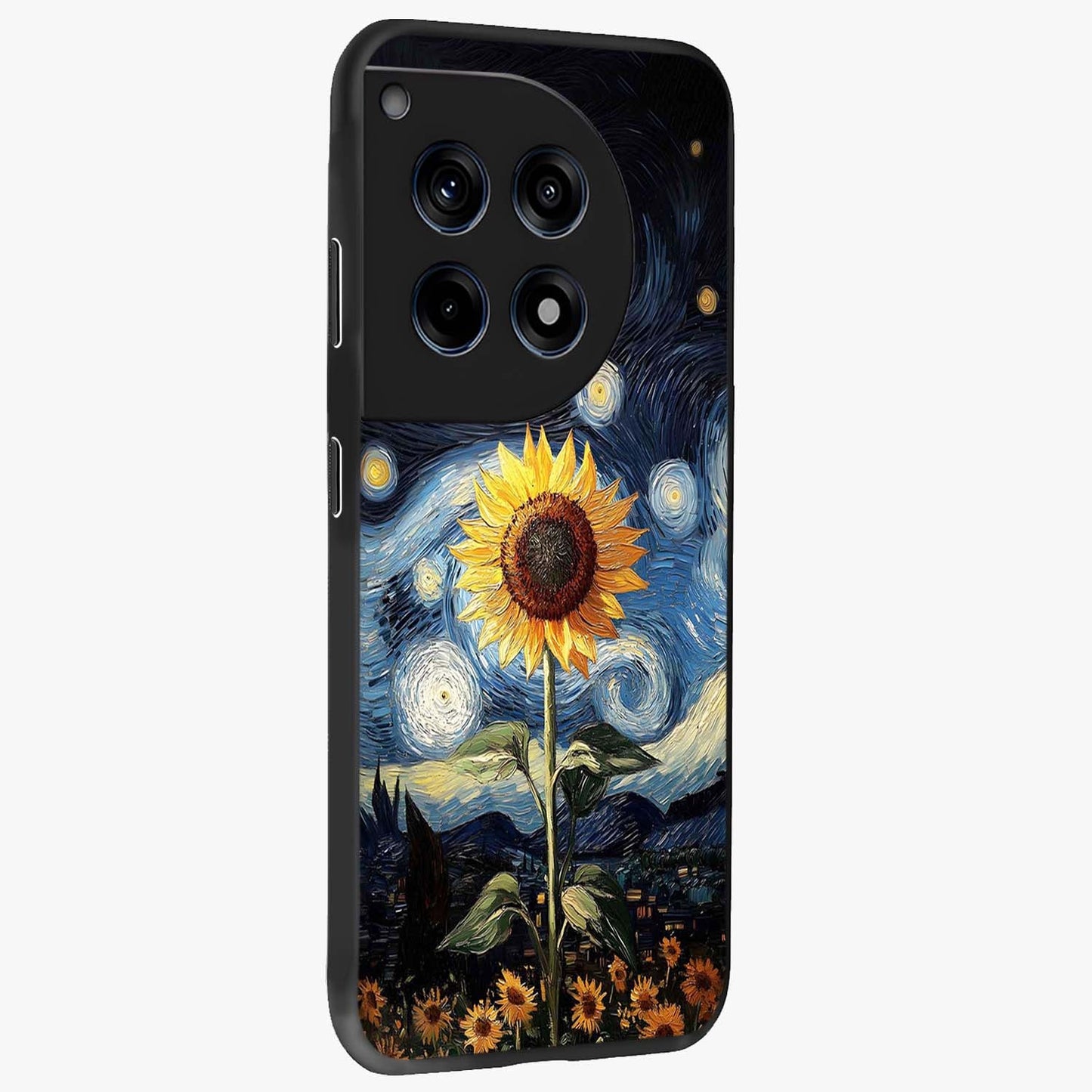 Van Gogh Sunflower Glass Case for 1+12R side perspective highlighting textured brushstroke details and premium edges
