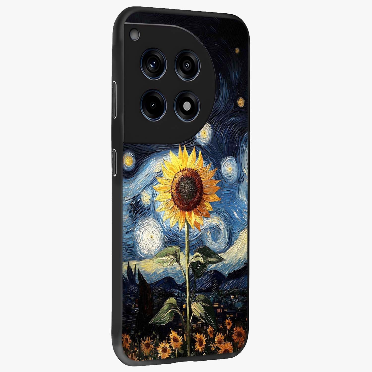 Van Gogh Sunflower Glass Case for 1+12R side perspective highlighting textured brushstroke details and premium edges