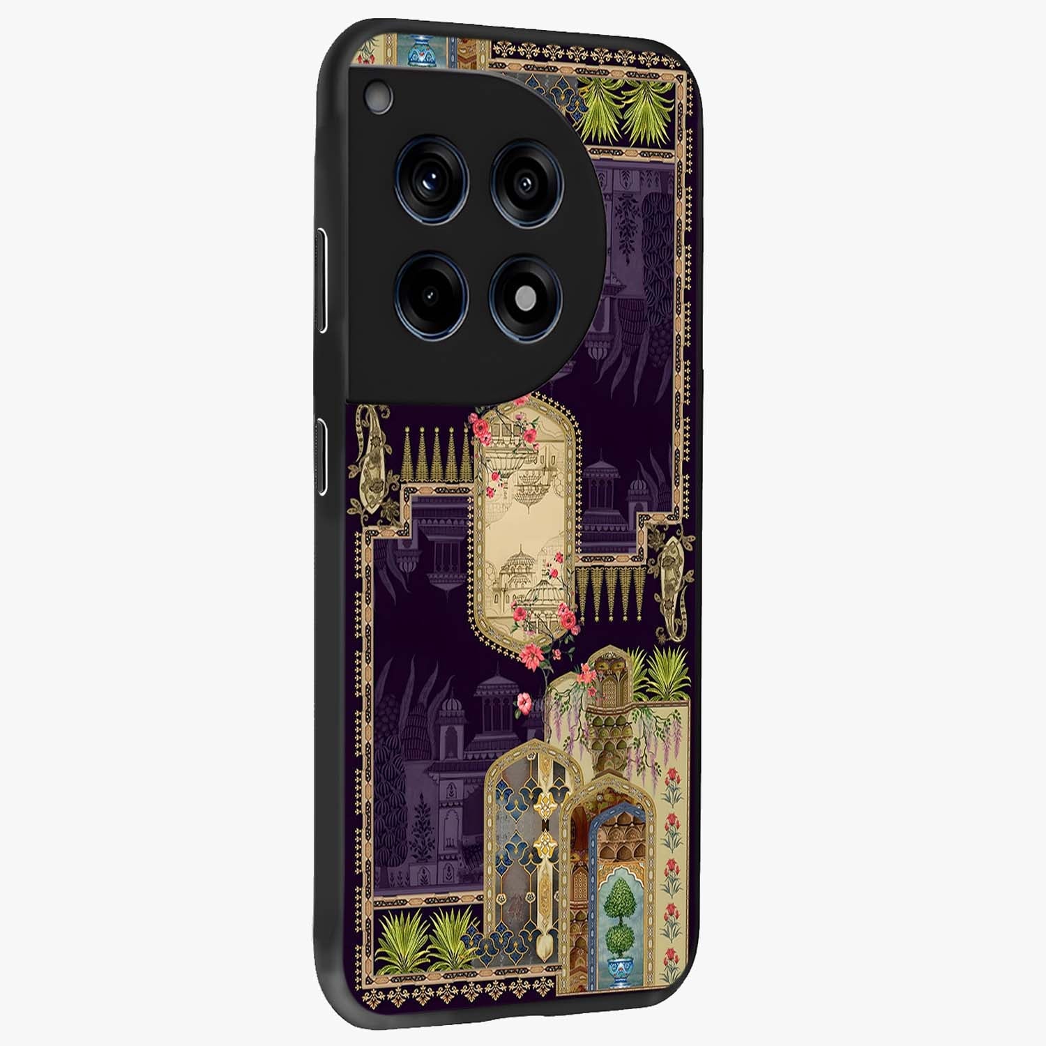Velvet Mughal Art Glass Case for 1+12R side perspective highlighting ornate detailing and smooth premium build