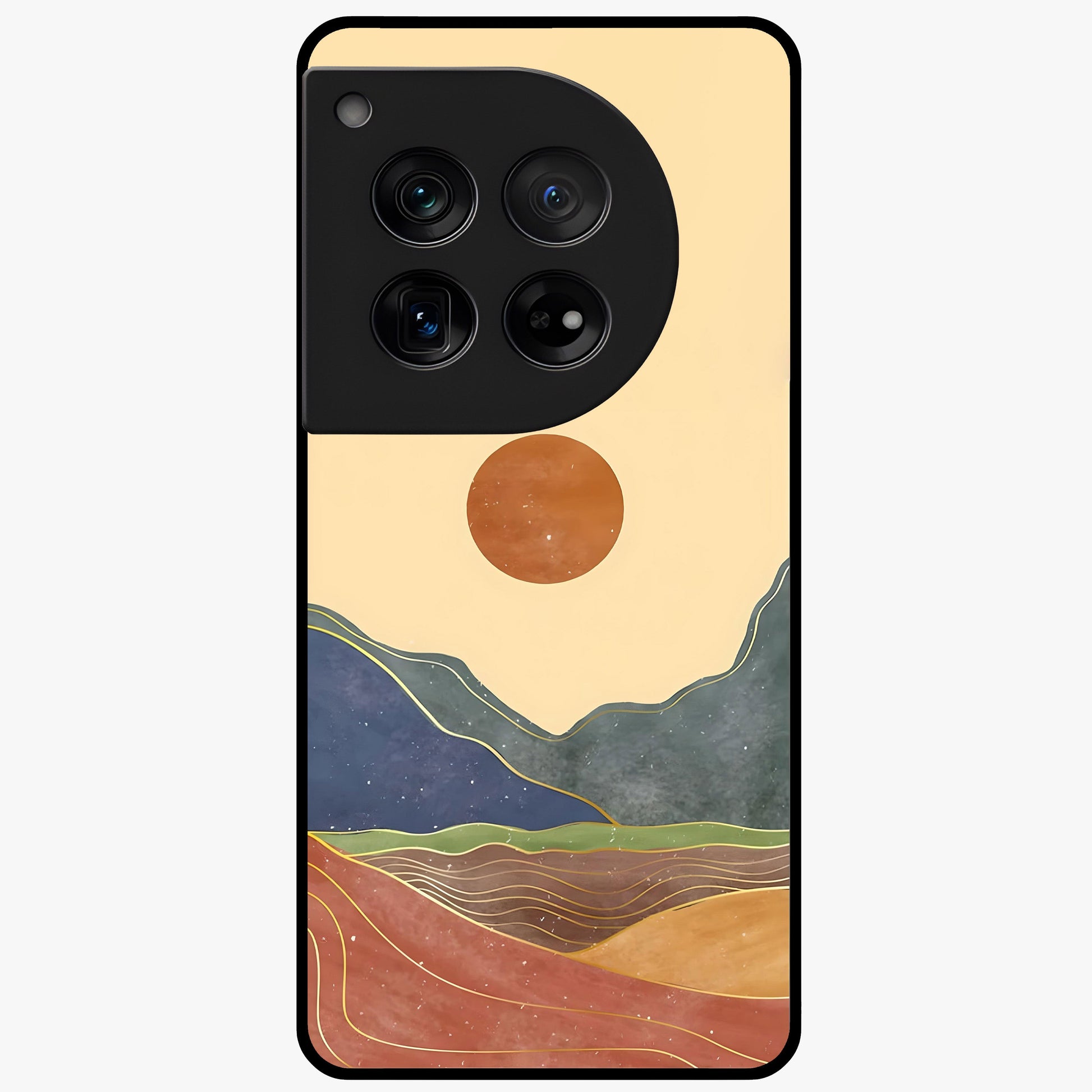 Abstract Mountain Glow Glass Case for 1+12 front view featuring glowing mountain landscape artwork