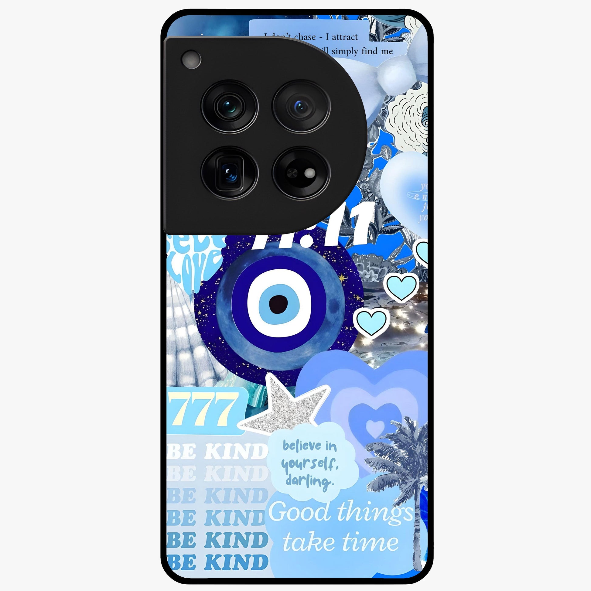 Aesthetic Be Kind Eye Glass Case for 1+12 front view featuring minimal eye illustration with positive message