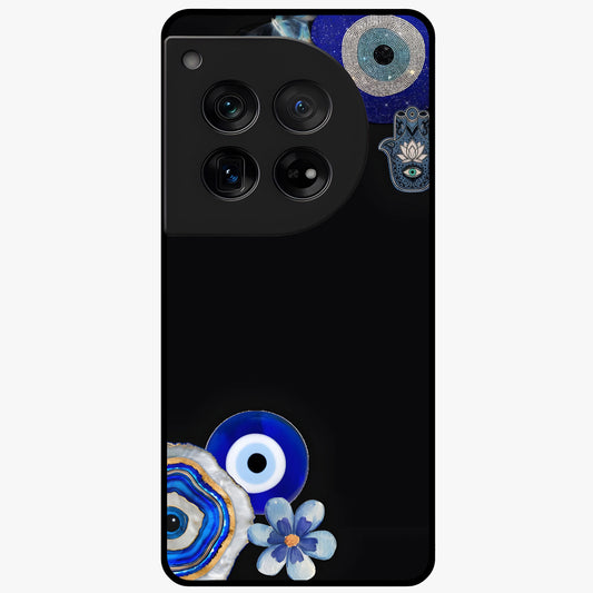 Aesthetic Blue Evil Eye Glass Case for 1+12 front view featuring vibrant traditional evil eye artwork