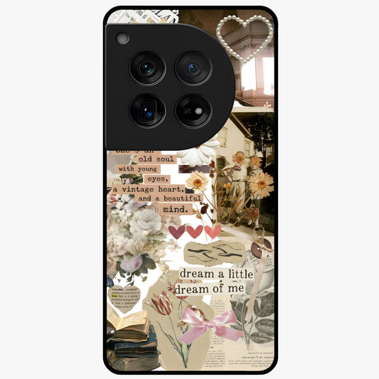 Aesthetic Brown Vintage Collage Glass Case for 1+12 front view featuring retro collage artwork in earthy tones