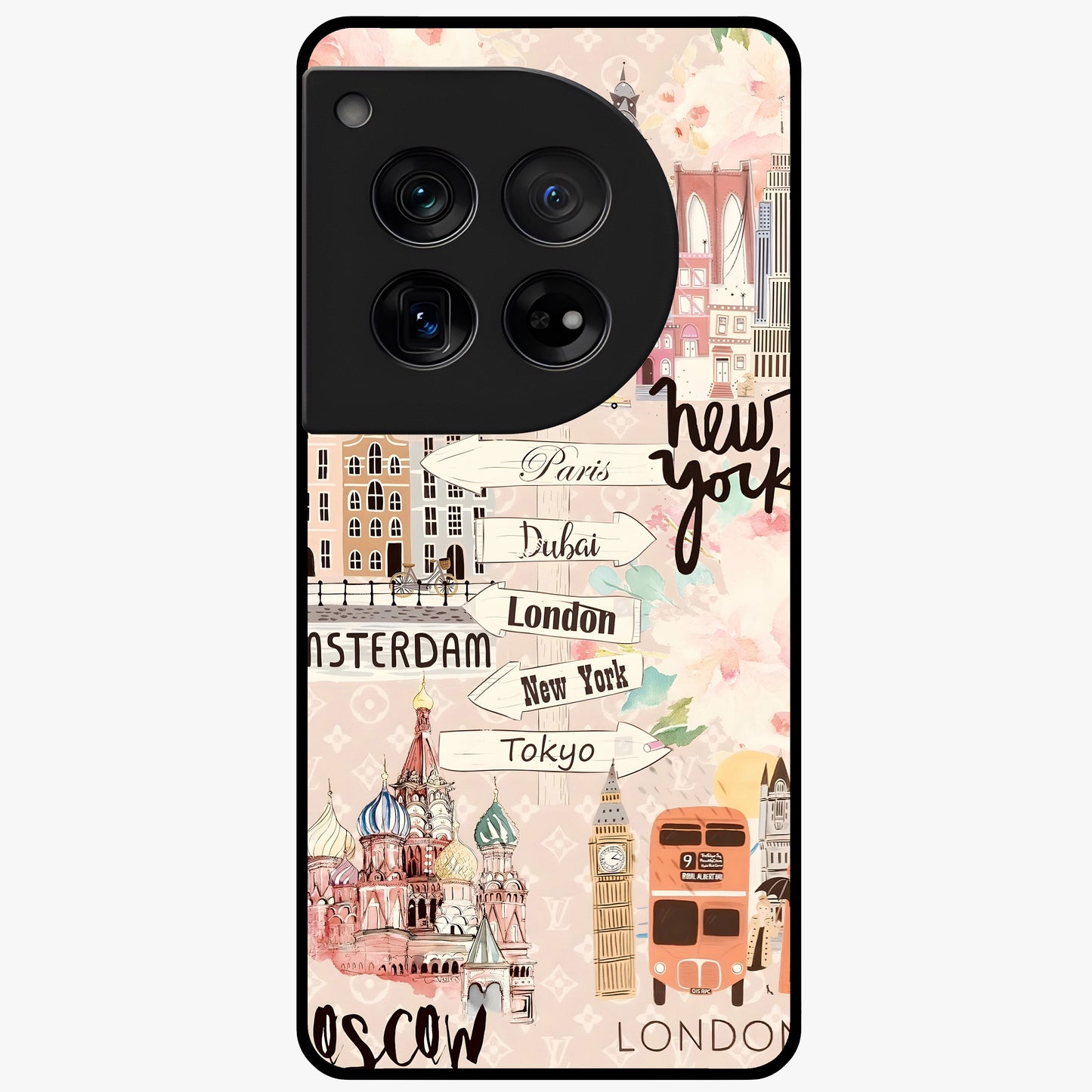 Aesthetic Travel Glass Case for 1+12 front view featuring wanderlust inspired travel artwork
