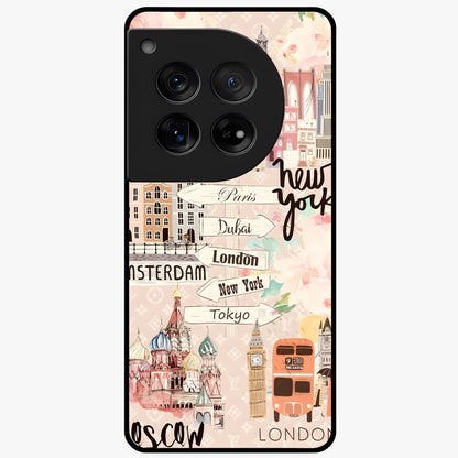 Aesthetic Travel Glass Case for 1+12 front view featuring wanderlust inspired travel artwork