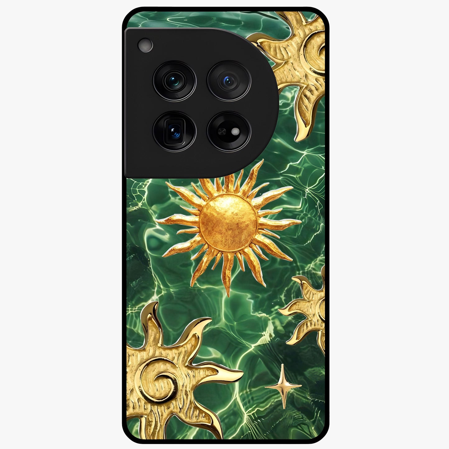 Aqua Sun Mirage Glass Case for 1+12 vibrant front view featuring aqua blue sun inspired artwork