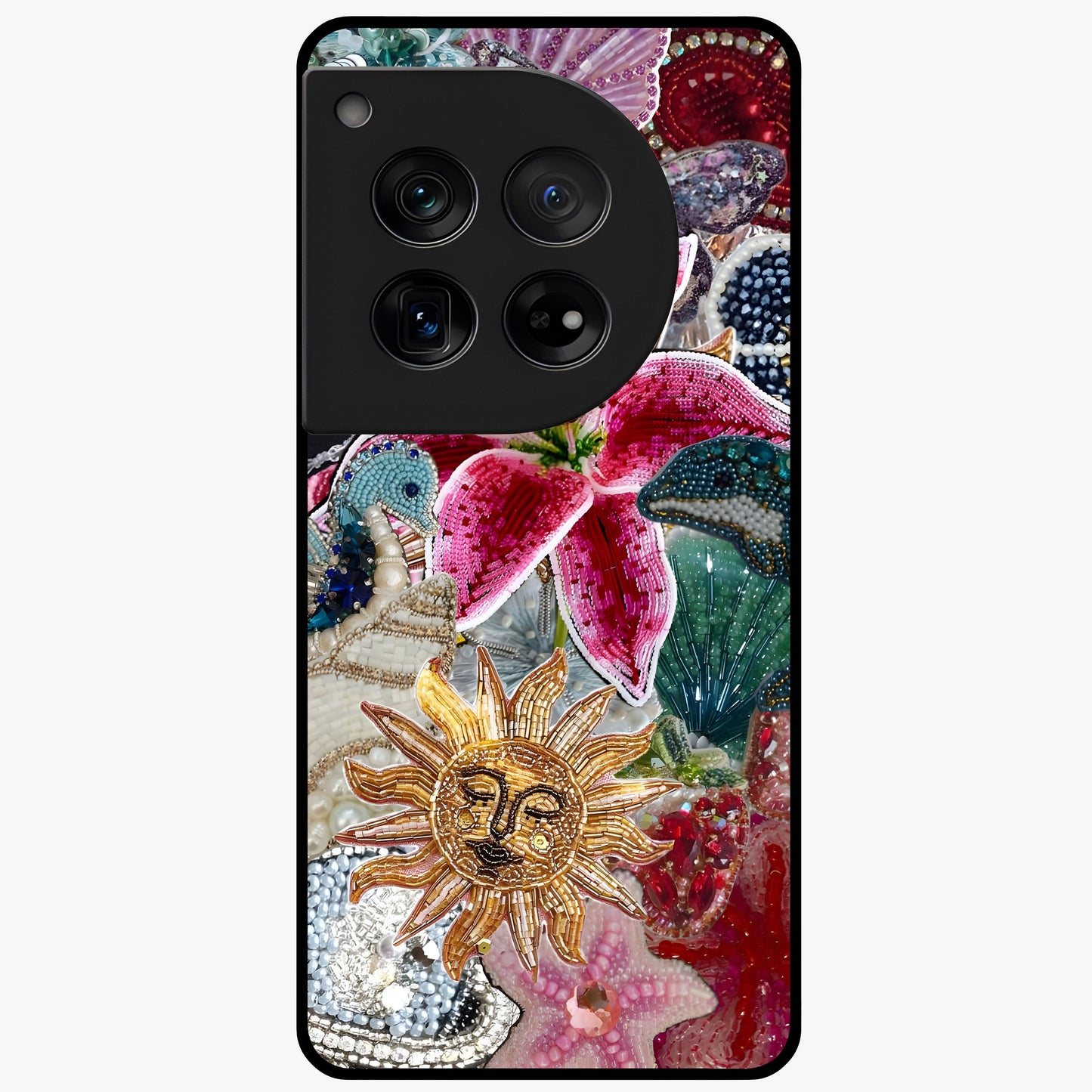 Beaded Garden Fantasy Glass Case for 1+12 front view featuring colorful beaded floral garden artwork