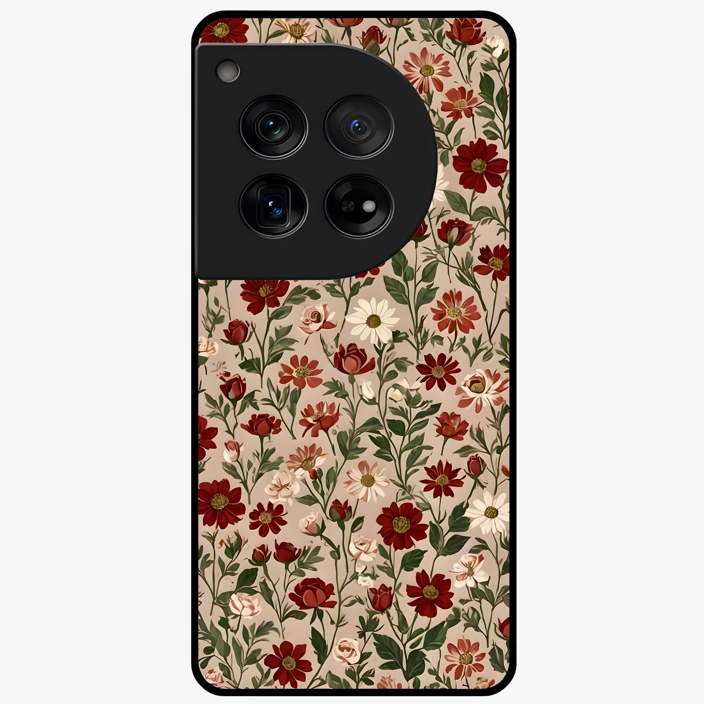 Biege Flower With Leaf Glass Case for 1+12 front view featuring soft beige floral artwork with leaf detailing