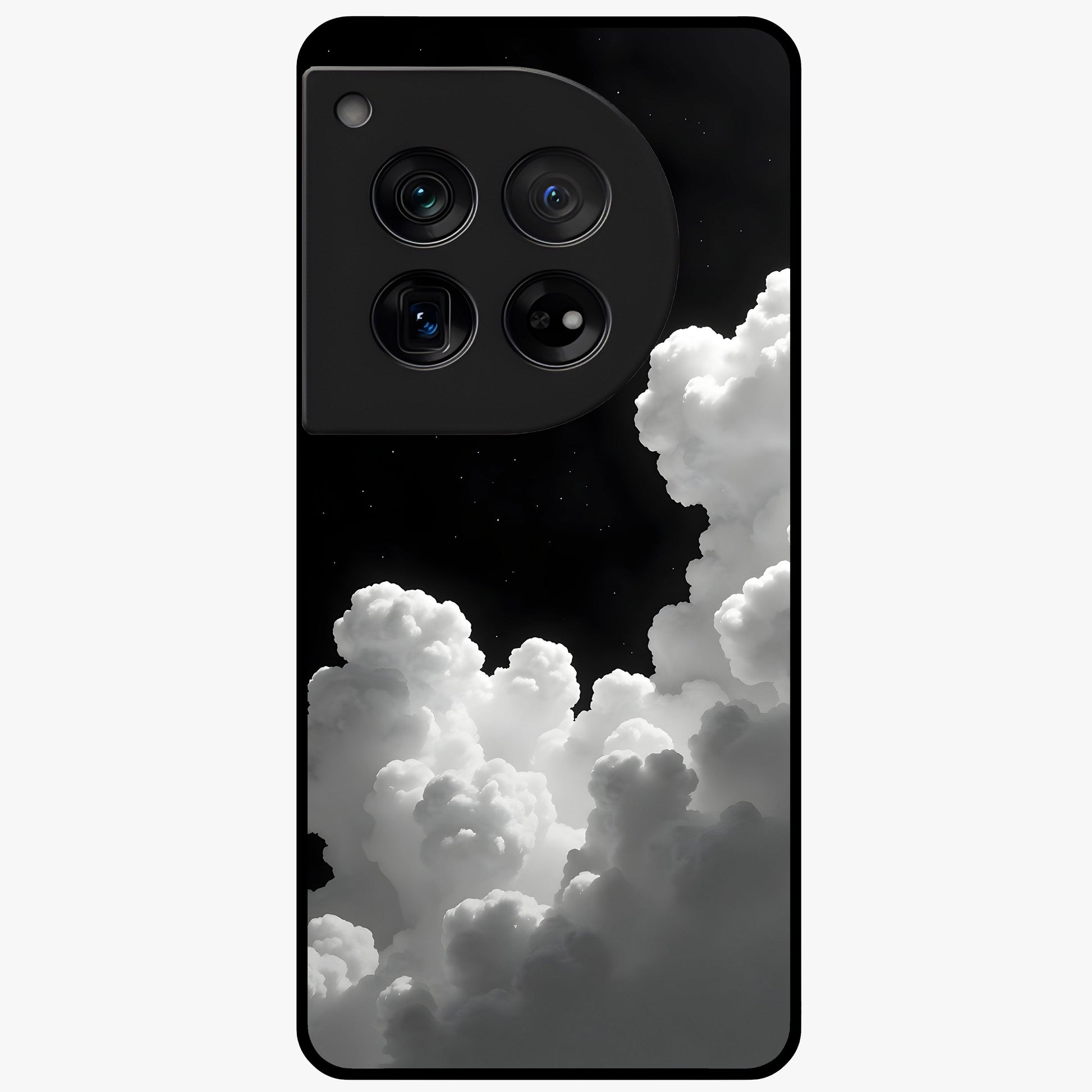Black Background With White Cloud Glass Case for 1+12 striking front view featuring white cloud artwork on deep black backdrop