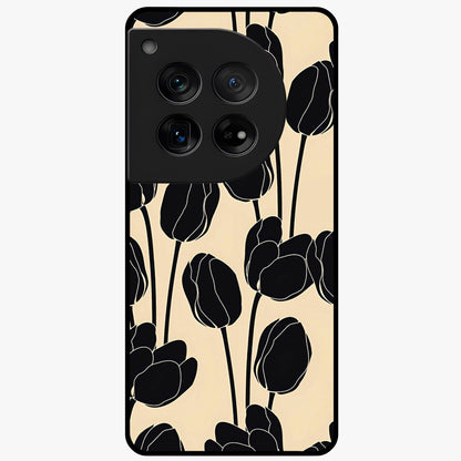 Black Designer Tulip Glass Case for 1+12 elegant front view featuring refined tulip artwork on black background