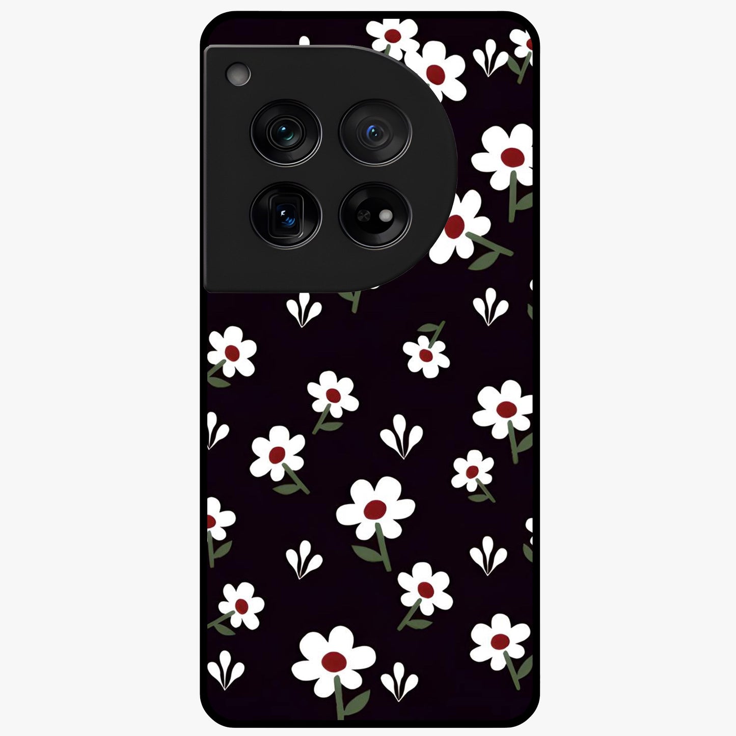 Black Prints Daisy Flower Pattern Glass Case for 1+12 front view featuring white daisy floral artwork on black base