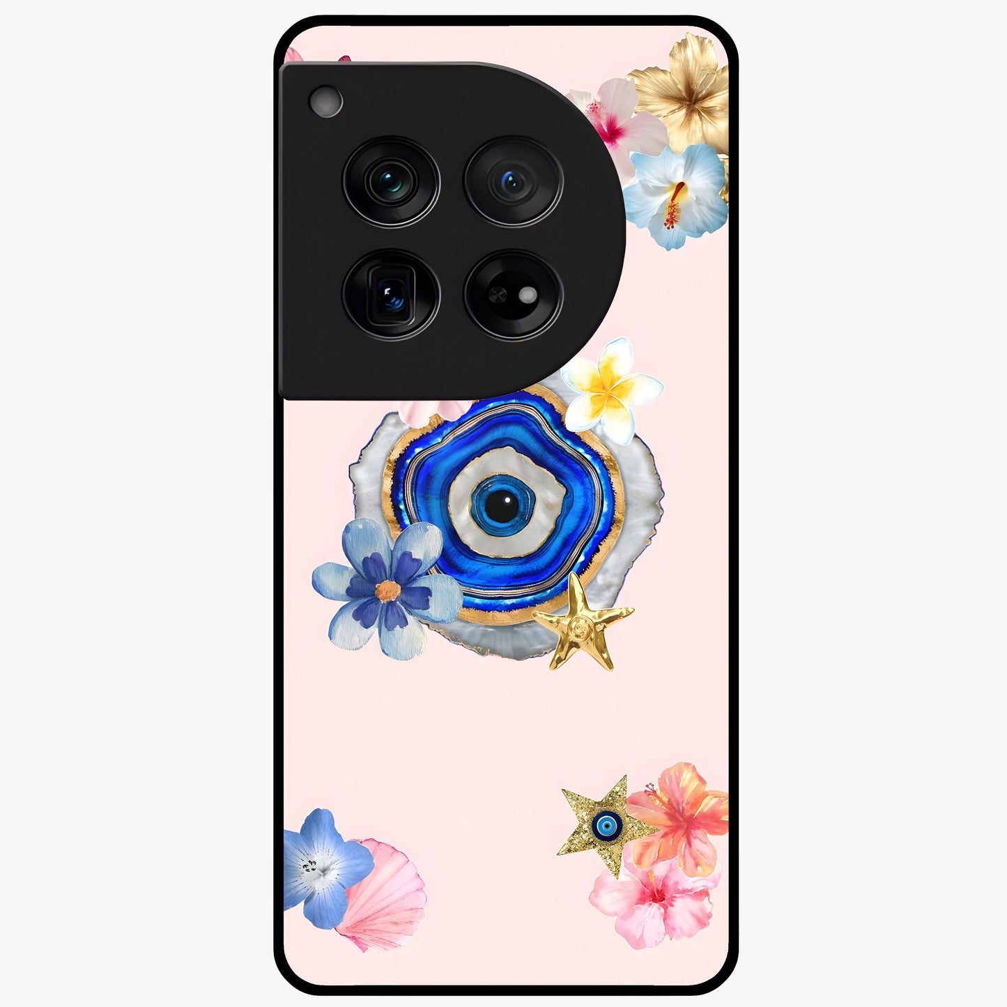 Blossom Evil Charm Glass Case for 1+12 elegant front view featuring floral evil eye inspired artwork
