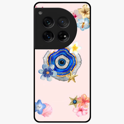 Blossom Evil Charm Glass Case for 1+12 elegant front view featuring floral evil eye inspired artwork