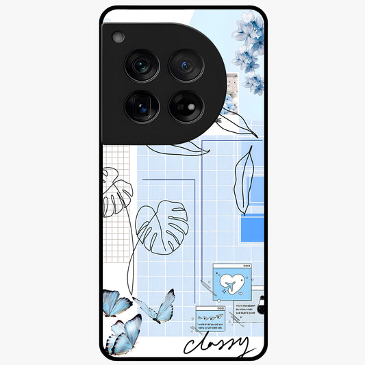 Blue Aesthetic Flower Glass Case for 1+12 elegant front view featuring soft blue floral artwork