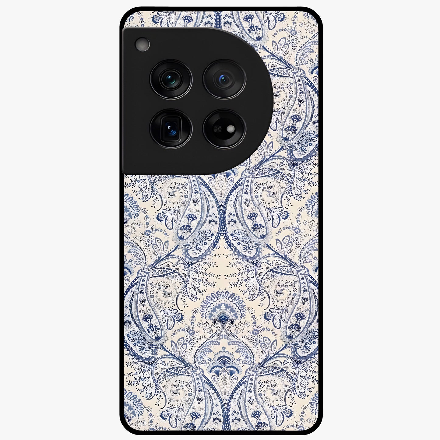 Blue Paisley Bloom Glass Case for 1+12 intricate front view featuring paisley floral artwork in rich blue tones