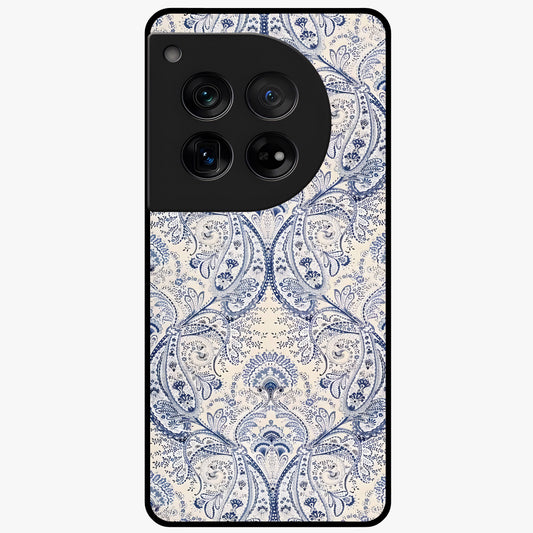 Blue Paisley Bloom Glass Case for 1+12 intricate front view featuring paisley floral artwork in rich blue tones