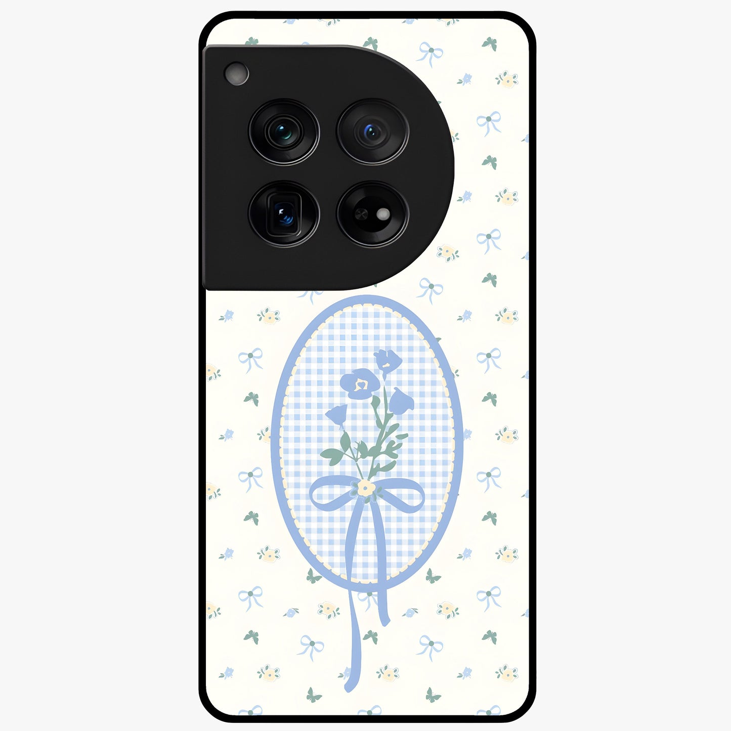 Blue Ribbon Bloom Glass Case for 1+12 elegant front view featuring soft floral artwork with ribbon accents