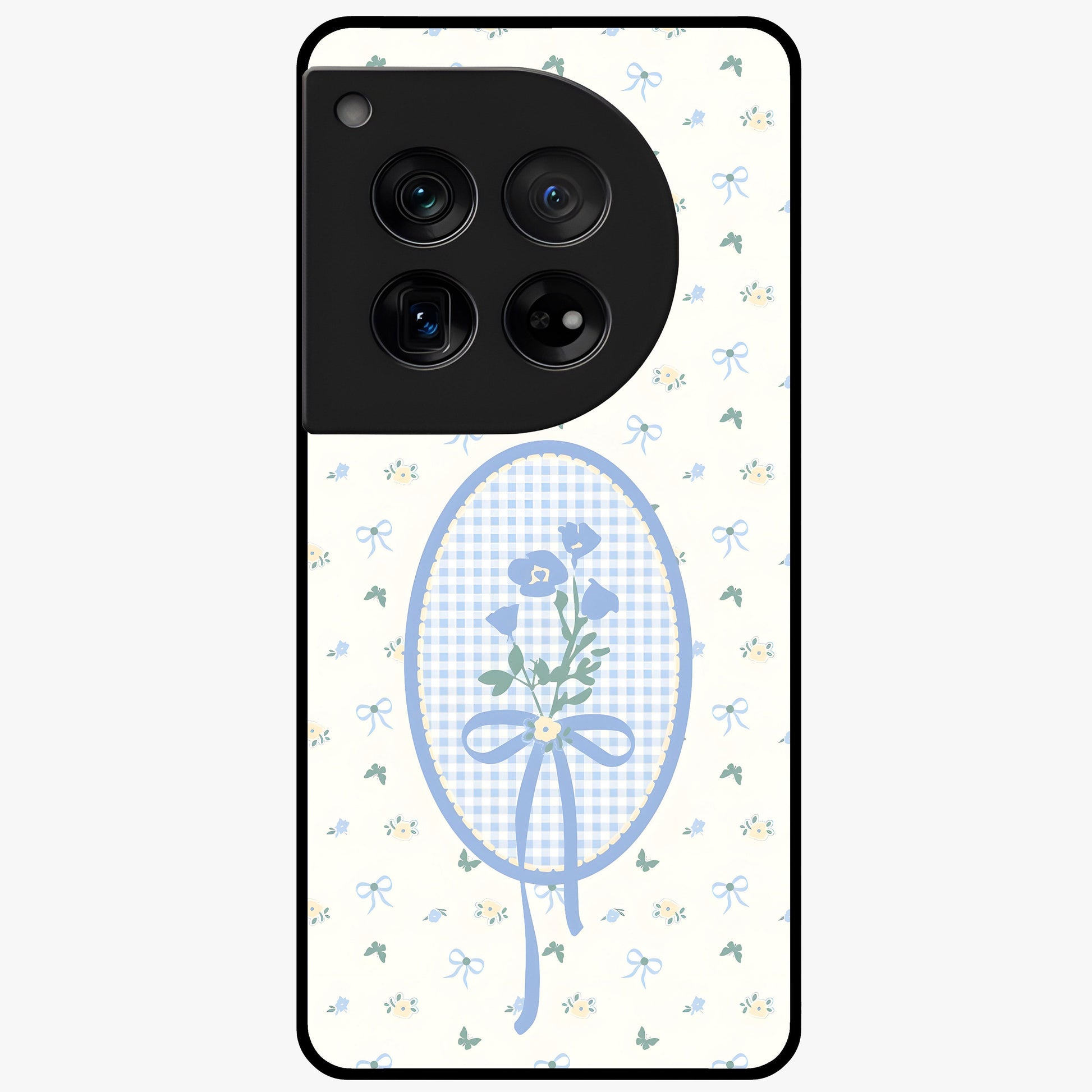 Blue Ribbon Bloom Glass Case for 1+12 elegant front view featuring soft floral artwork with ribbon accents