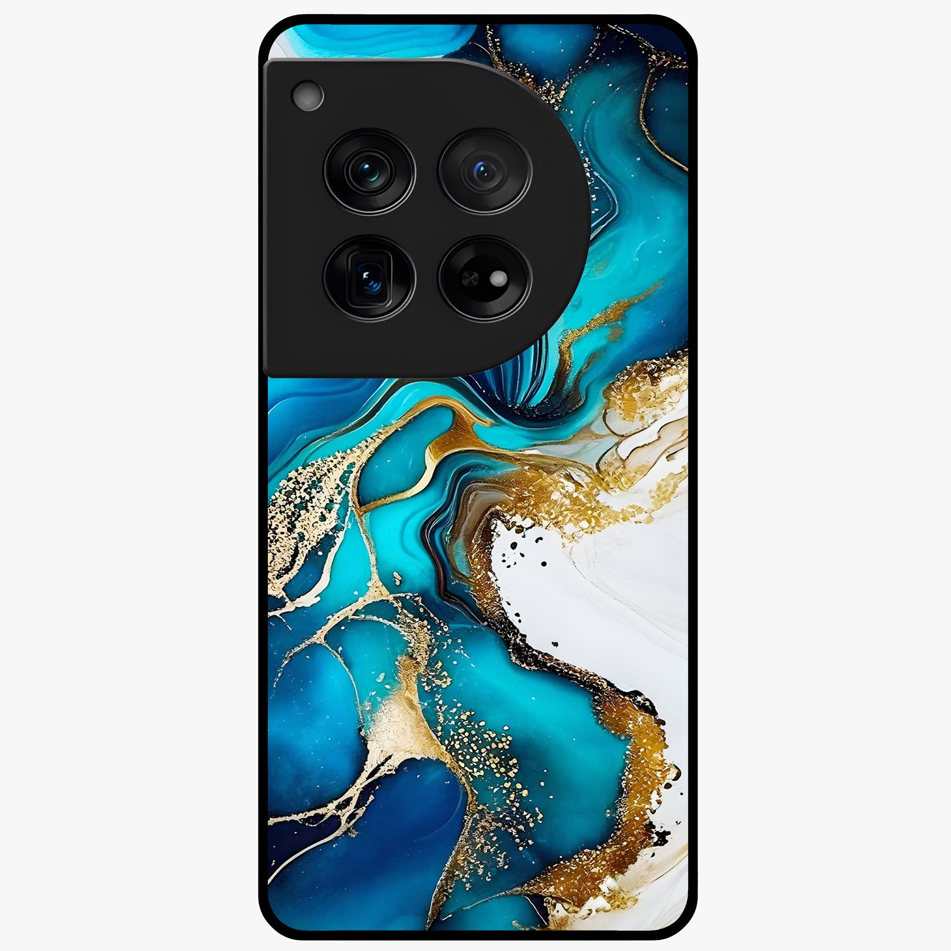 Blue and White Marble With Golden Viens Art Glass Case for 1+12 luxurious front view featuring marble texture with golden vein detailing