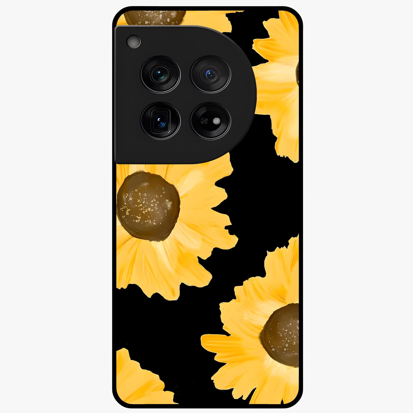 Bold Sunflowers Glow Glass Case for 1+12 vibrant front view featuring radiant sunflower artwork with warm golden tones