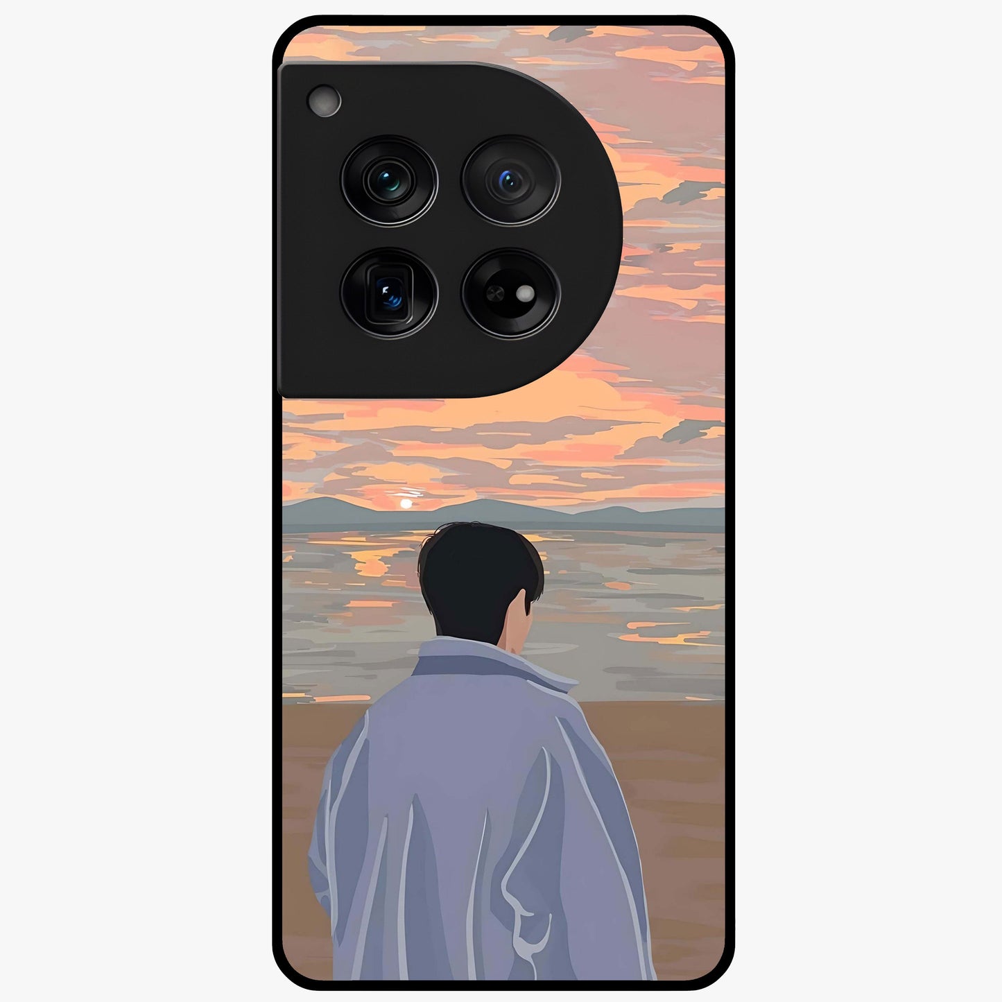 Boy Facing Sunset Beach Glass Case for 1+12 scenic front view featuring silhouette artwork against glowing sunset sky